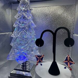 Hand Made custom Seed Beaded Warped Square Earrings with Blue and Orange Acccent